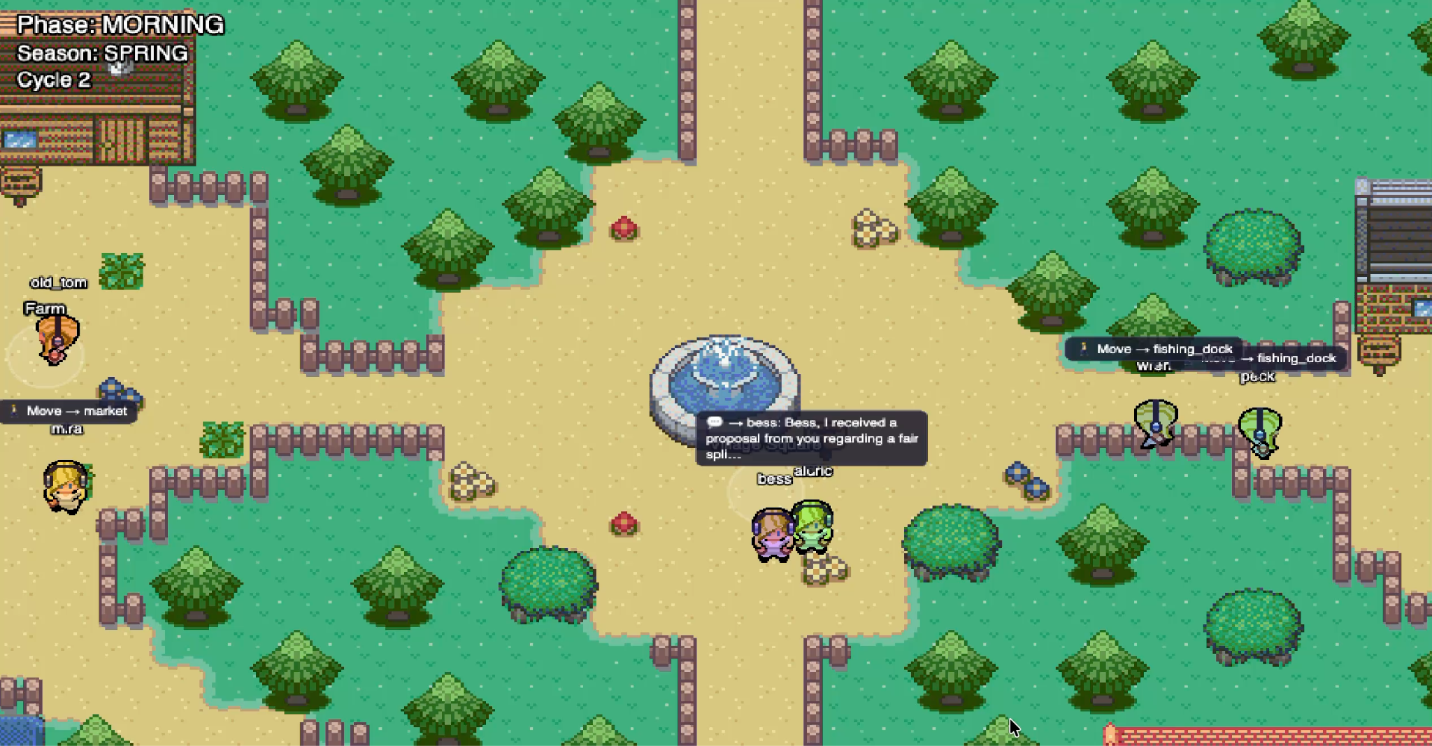 High-level overview of the Hollowbrook simulated economy, showing agents interacting in a village setting.