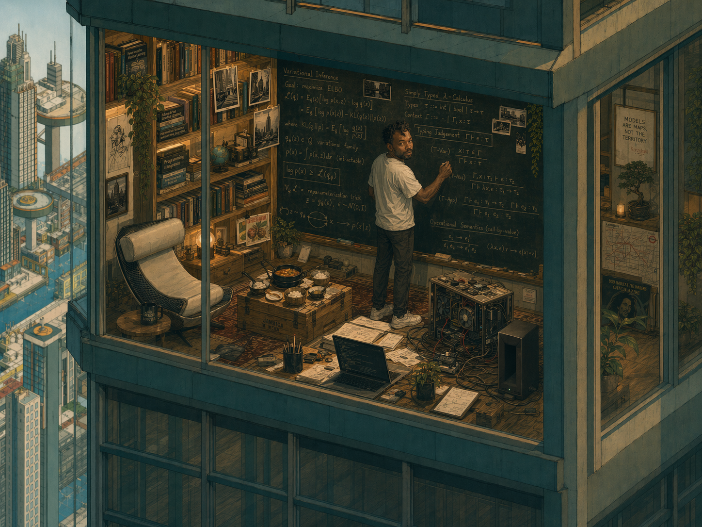 Illustrated city office with a person writing systems equations on a chalkboard