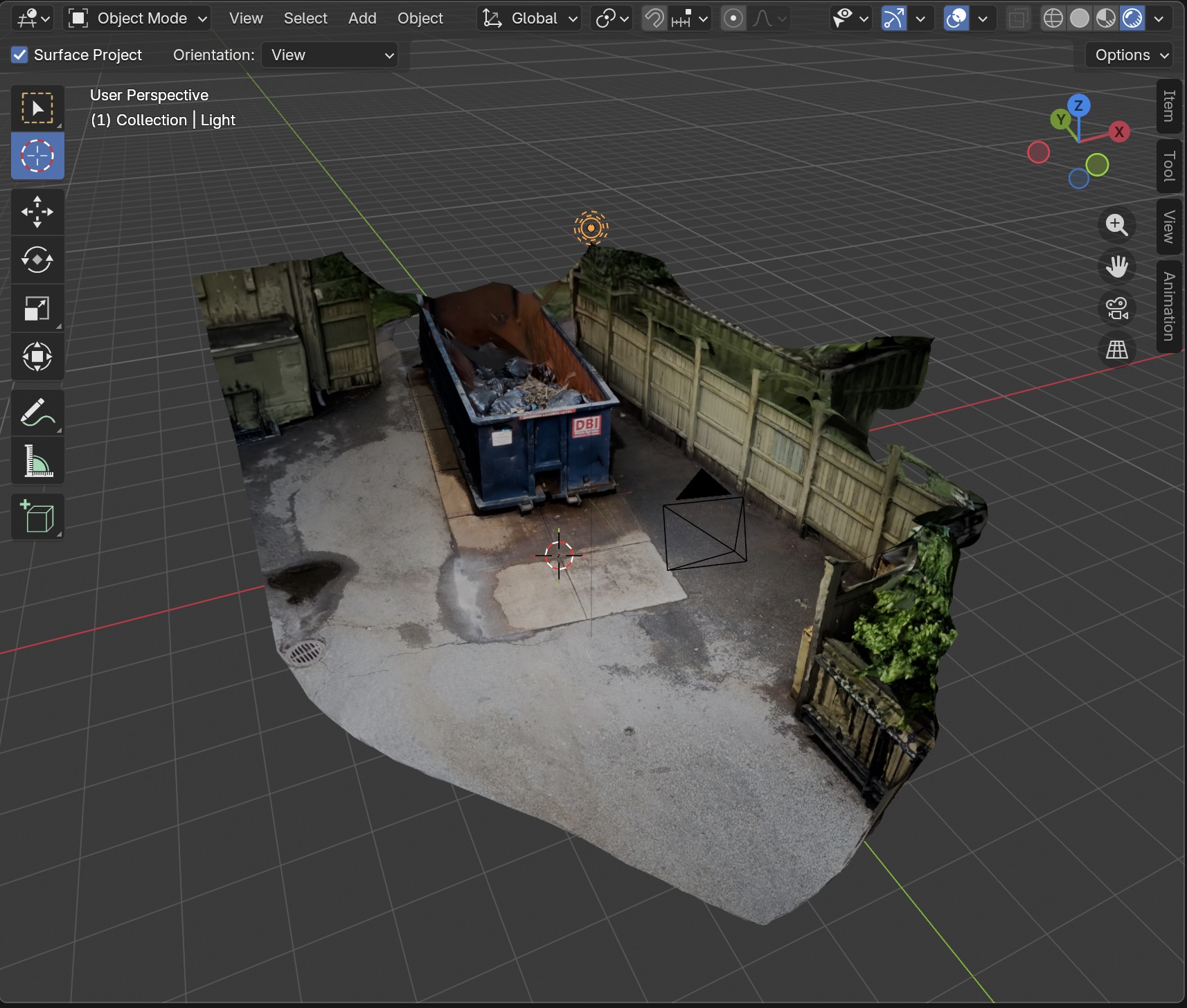A Blender scene of a scanned Boston dumpster environment used for synthetic data generation.