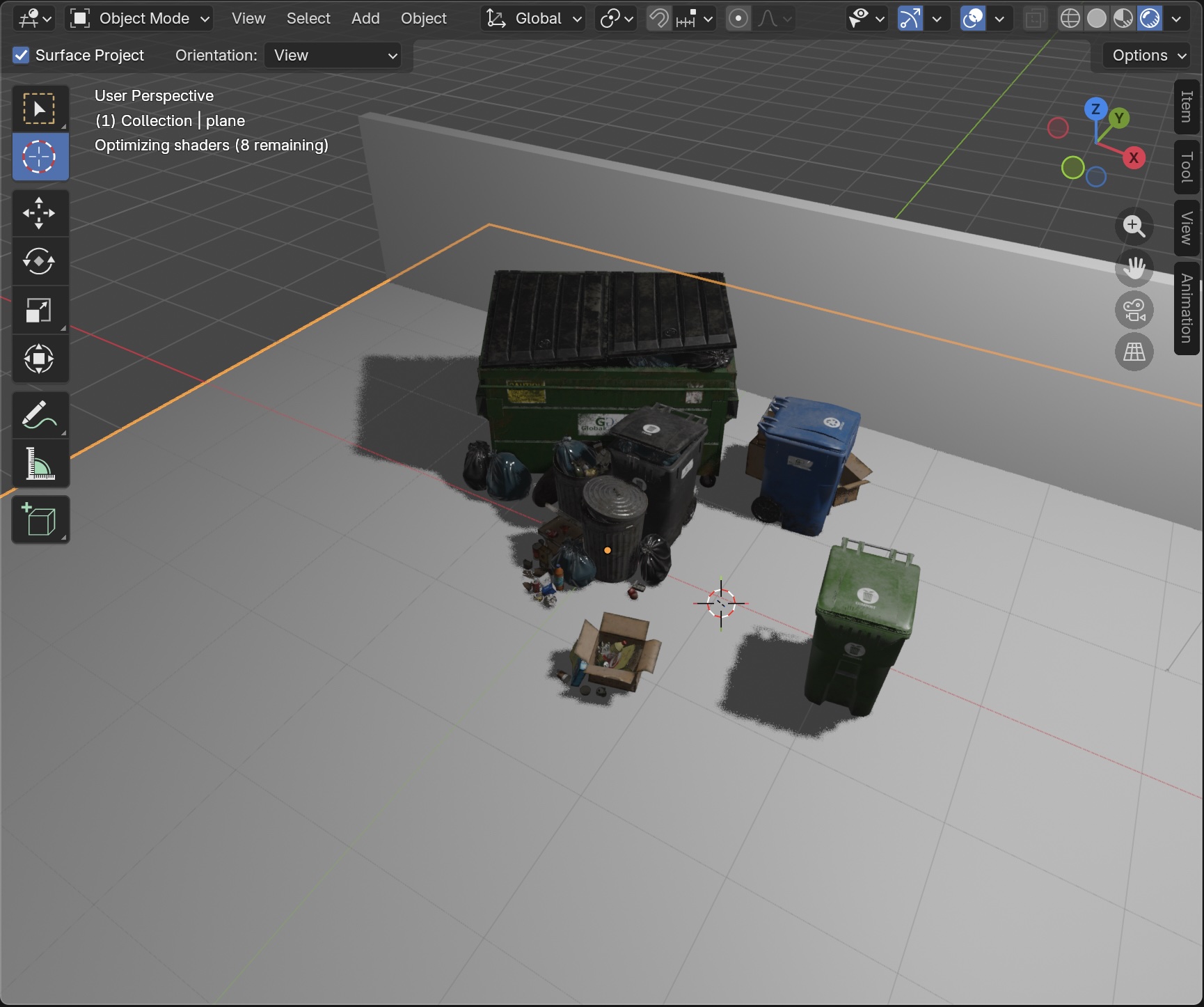 A Blender scene with a dumpster asset used for synthetic rat tracking data.